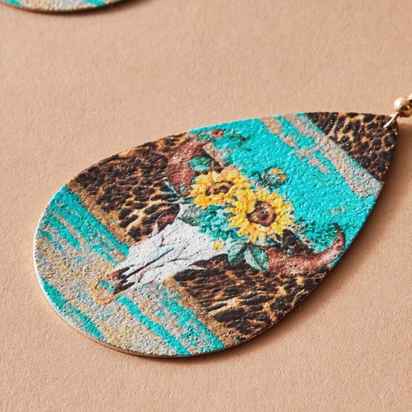 Boho Gypsy Sunflower Teal Drop Earrings - Picture 3 of 4